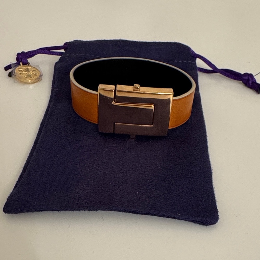 Tory Burch T Logo Tan Leather Bracelet with Gold Buckle